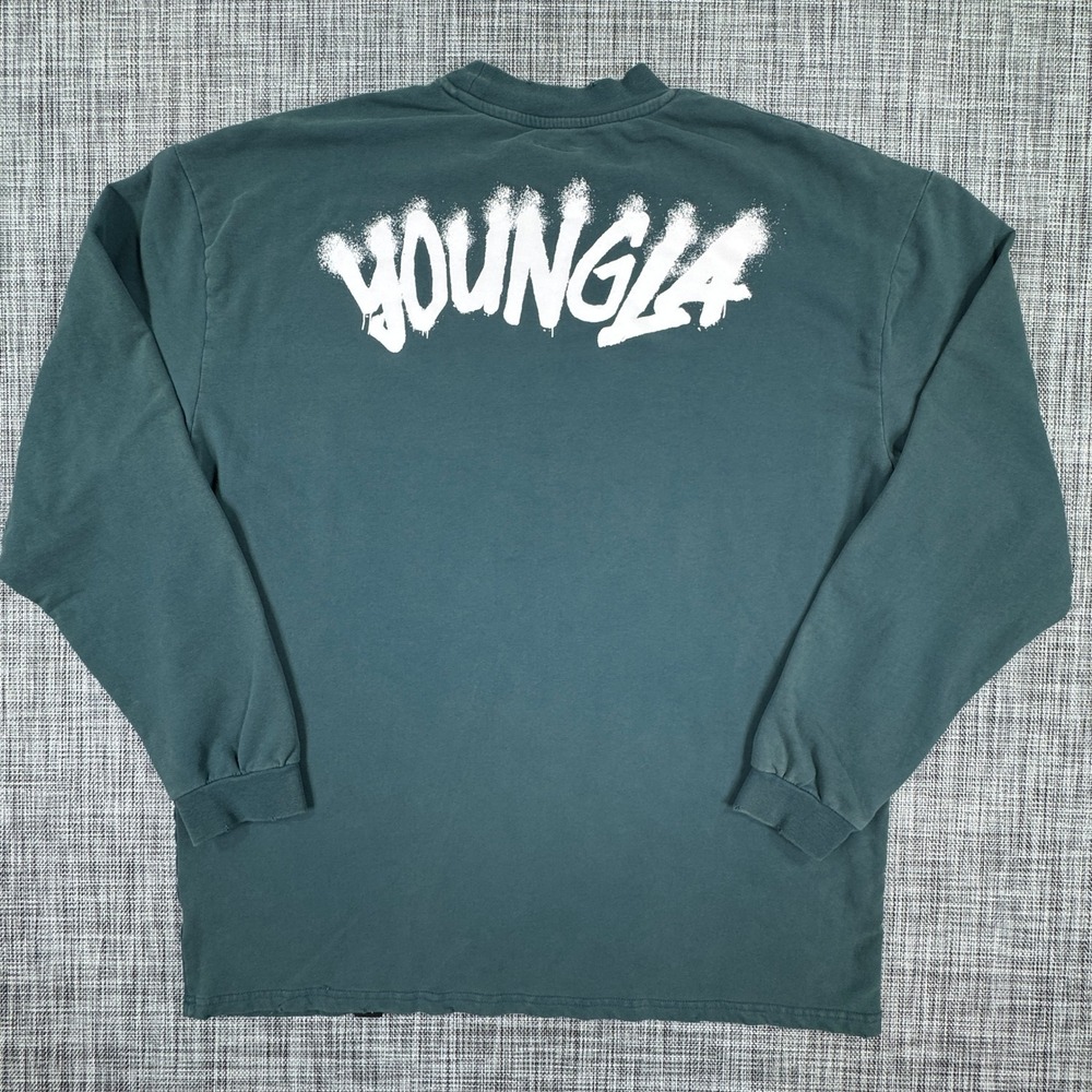YoungLA Men's Mock Neck Long Sleeve Shirt XXL Green Spray Logo Gym Streetwear